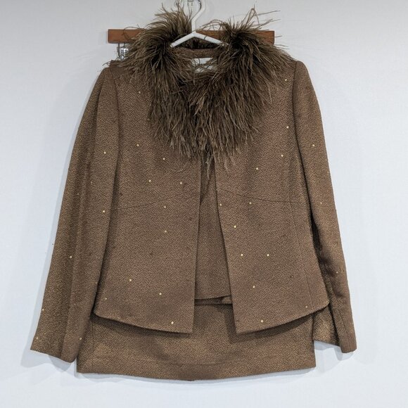 Albert Nipon Wool Blend Ostrich Feather 3-Piece Suit Set Brown Size 6 - Picture 1 of 6